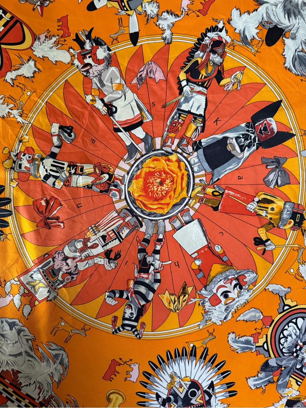 Hermès Orange Kachinas Silk Scarf By Kermit Oliver. - Picture 12 of 15